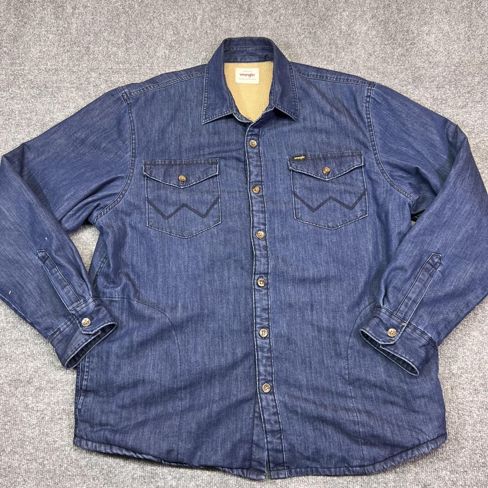 Wrangler Jacket Mens Large Blue Denim Sherpa Lined Western Bomber Workwear